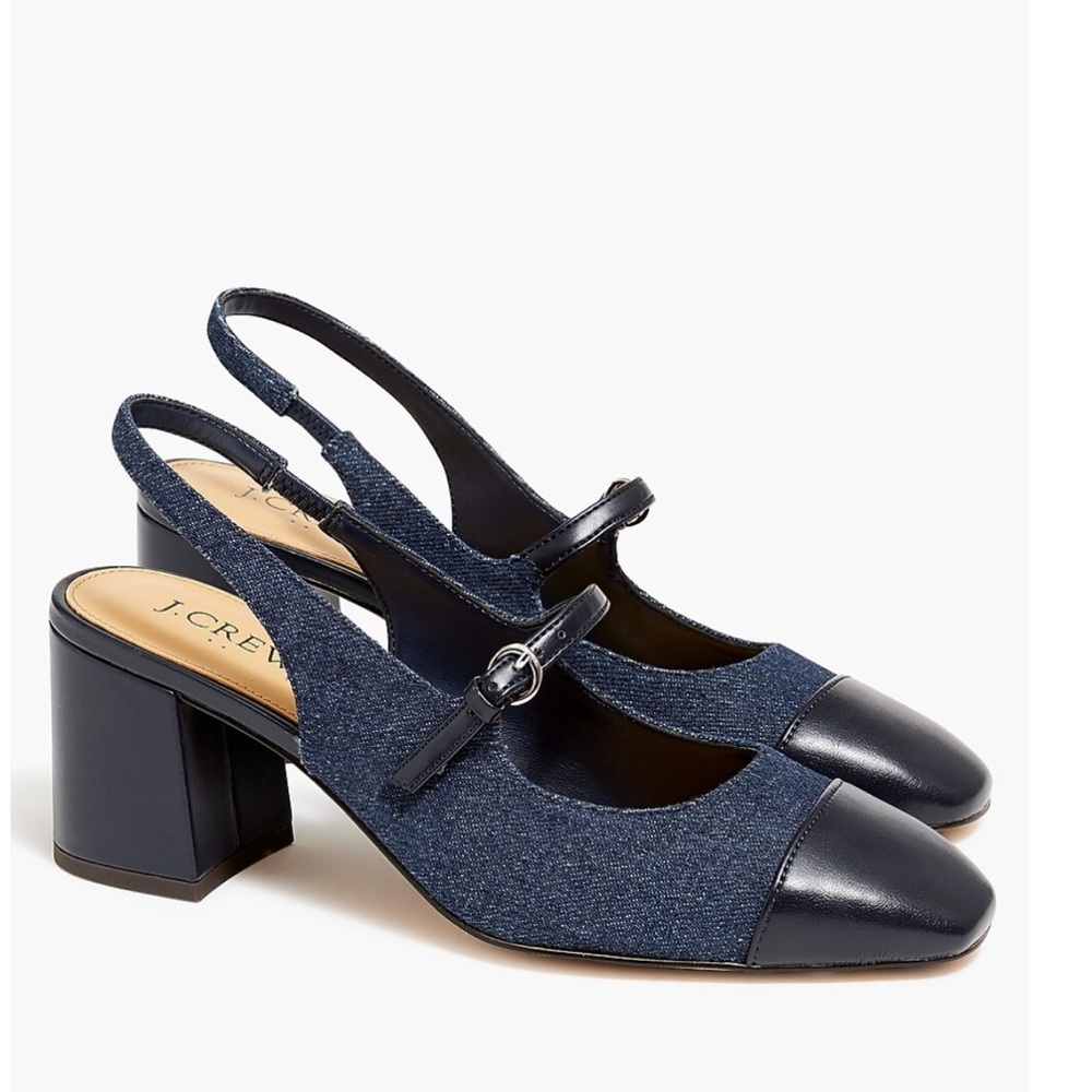 J. Crew Mary Jane Slingback Heels Navy Blue/Denim and Black